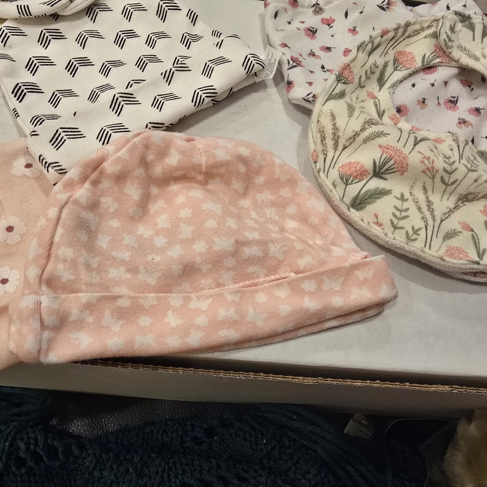 Pink Floral Baby Beanies And Bibs